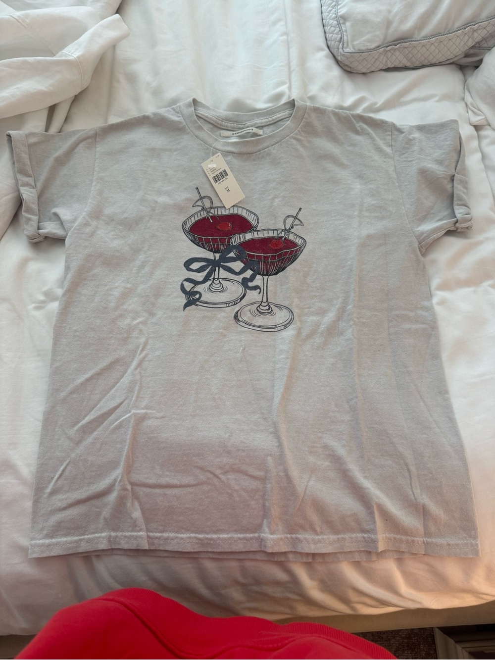 ANTHROPOLOGIE Gray Graphic Tee with Red Cocktail Glasses